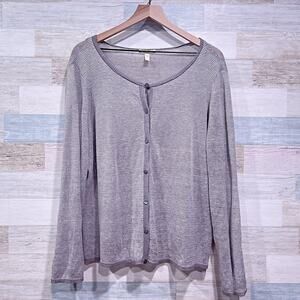 EILEEN FISHER Organic Linen Stretchy Knit Cardigan Gray Button Up Womens Large
